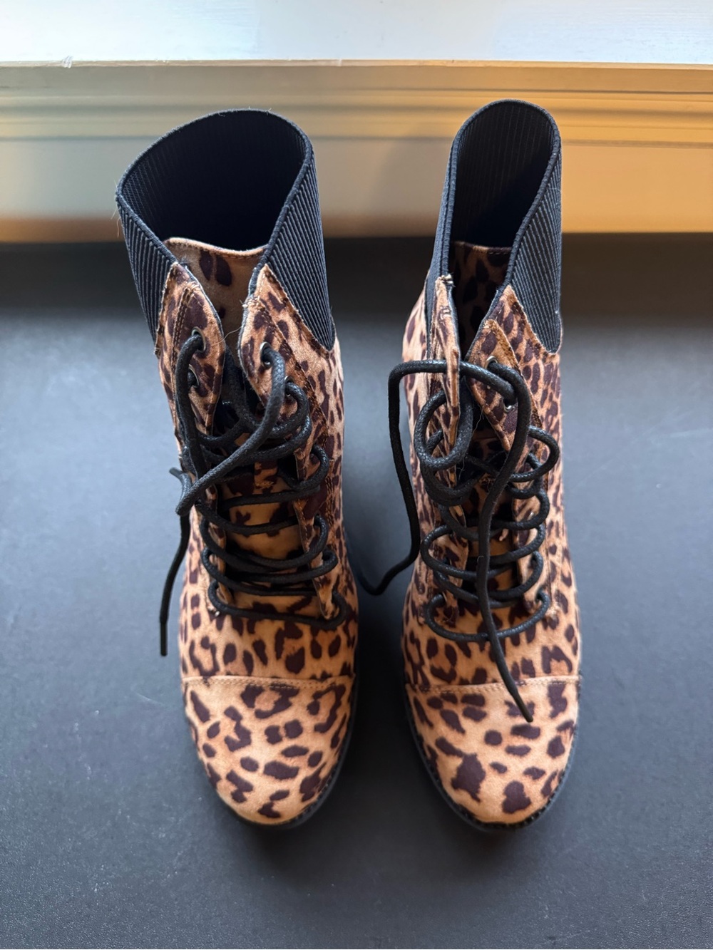 Brash Leopard Lace-Up Ankle Boots in Brown and Black